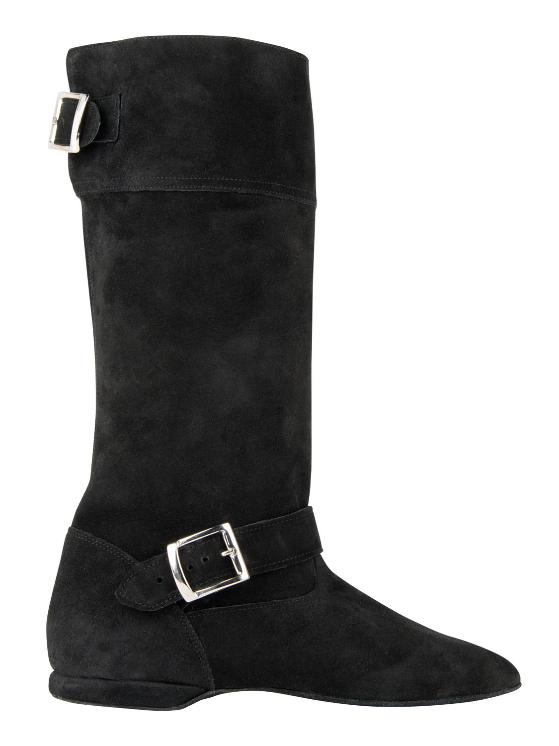 Rumpf 8830 West Coast Swing, kniehoher Stiefel aus schwarzem Wildleder mit silbernen Schnallen oben und am Knöchel, Seitenansicht.